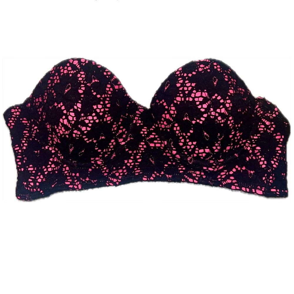 Joe Boxer Crochet Strapless Bikini Top - Black/ Hot Pink - size medium